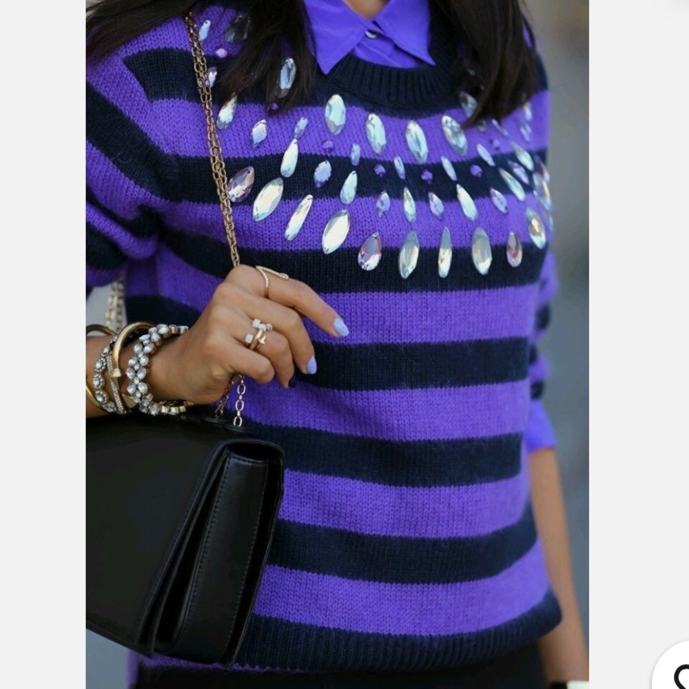 JUICY COUTURE wool cashmere mohair striped sweater crystals black purple size XS